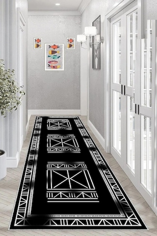 Pelangi Osmanlı Motifler Desenli Etnik Dijital Baskı Yıkanabilir Kaymaz Taban Salon Halı Ve Yolluk Siyah , Krem-siy Diğer