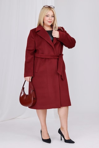 Kadın Bordo Yün Kaşe Kemer Ve Astar Detay Büyük Beden Kaban Bordo