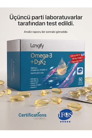 Longify Omega 3 + D3K2 IFOS Onaylı Yüksek EPA & DHA Vitamin D3 Vitamin K2 MK7 Vitamin E Balık Yağı 60 Yumuşak Kapsül
