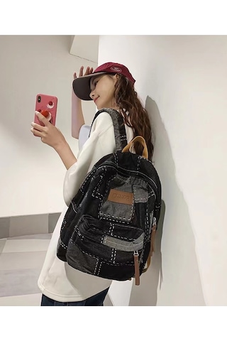 Xinxin Tembel Denim Kolej Tarzı Siyah Okul Çantası