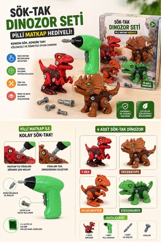 Sök Tak 4'lü 14cm Dinozor Oyuncak Seti Vidalı Montajlı Eğitici Oyuncak + Pilli Matkap İle
