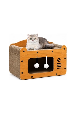 Sogud Kedi Tırmalama Evi - Ahşap Kedi Oyun Evi 56x27x30 Cm - Karton Tırmalama Tahtalı Uyku Yuvası - Sallanan Top Oy