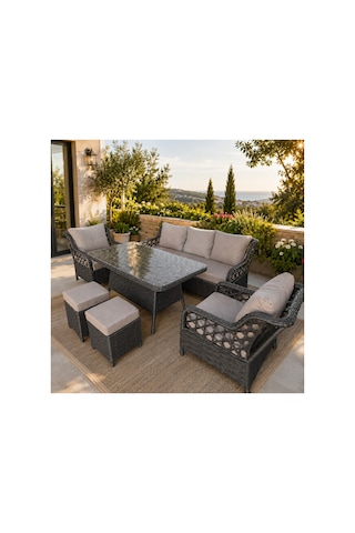 Rattan Bahçe Balkon Oturma Grubu 3+1+1 Cam Tablalı Siyah Bahçe Mobilyası