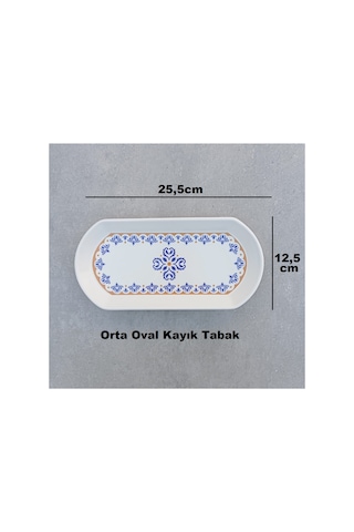 Ottoman 3 Adet Seramik Orta Boy Oval Kayık Kahvaltı Sunum Tabağı - 12,5x25,5cm Mavi