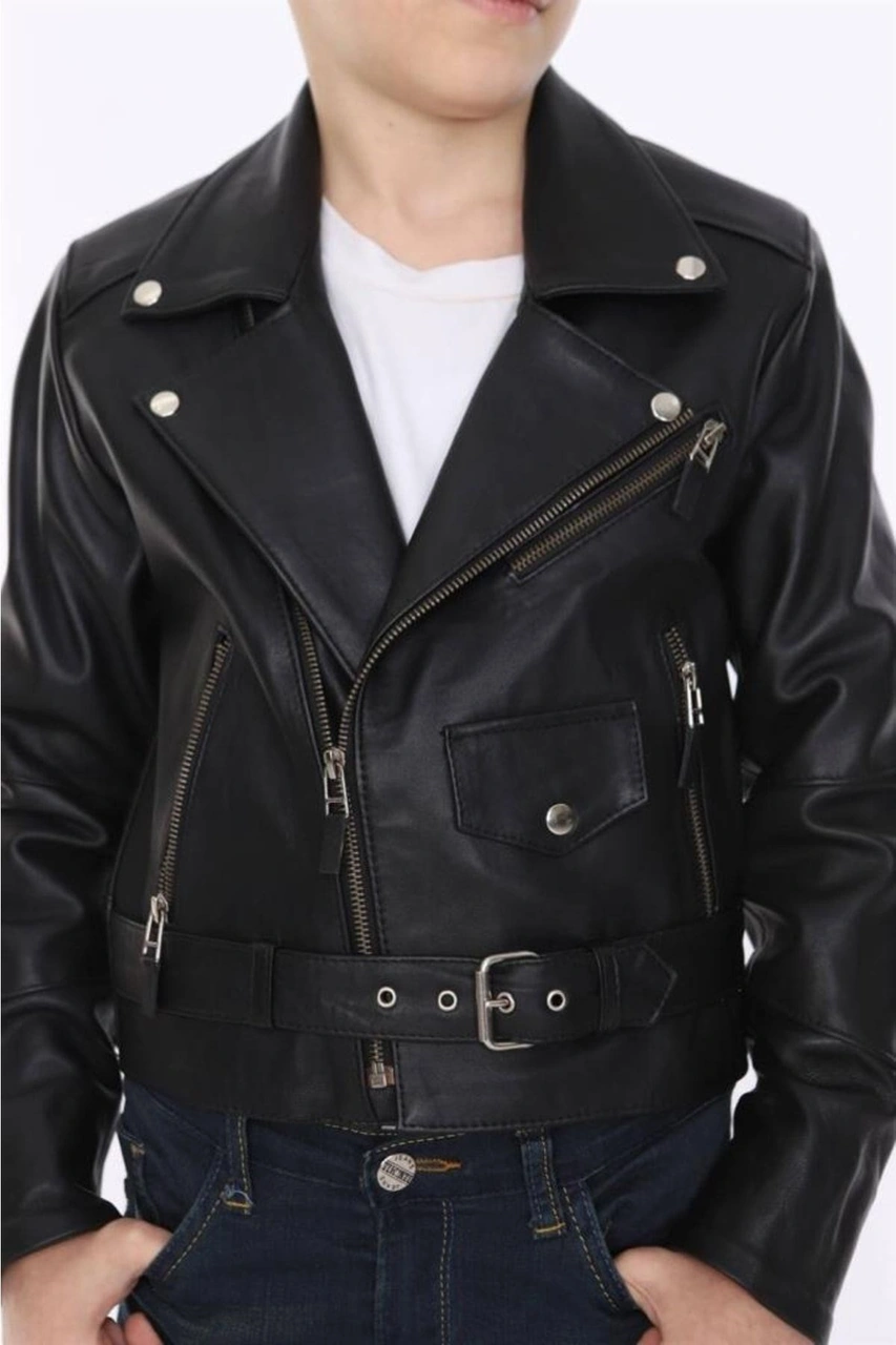 Hakiki Deri Siyah Yandan Fermuarlı Kemer Detaylı Erkek Çocuk Deri Mont Siyah