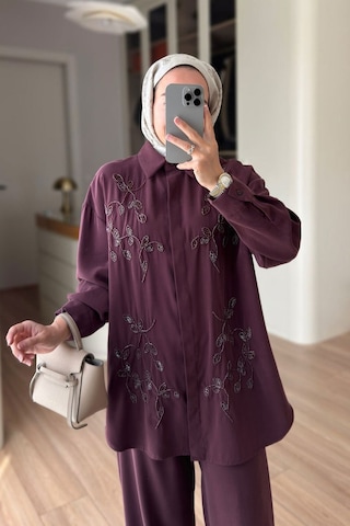 Ka Hijab Boncuk İşlemeli İkili Takım - Mürdüm