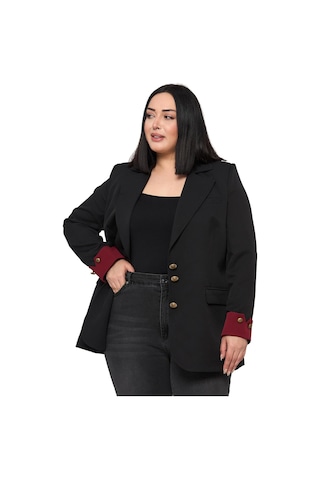 Disentis Büyük Beden Manşeti Kumaş Garnili Düğme Detaylı Astarlı Siyah Bordo Blazer Ceket Siyah Bordo