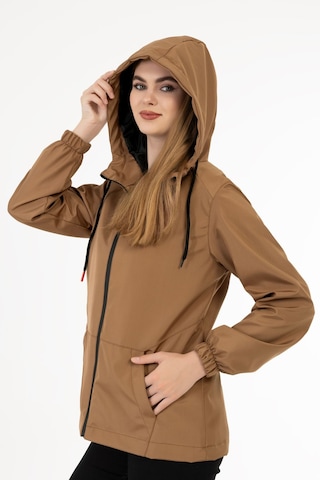 Kadın Taba Içi Astarlı Su Geçirmez Ve Rüzgara Dayanıklı Kapüşonlu Cepli Yağmurluk - Rüzgarlık Taba