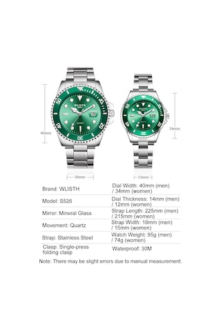 Leezsing Wlısth S526 Aşk Çifti Kol Saati - Gece Görüşlü, Su Geçirmez, Paslanmaz Çelik Bileklik Erkek Yeşil Çok Renkli