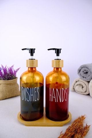 Digithome 2 Li Ahşap Standlı Cam Sıvı Sabun Ve Bulaşık Deterjanı Şişesi Sabunluk Amber 500 Ml - D/11 C1-1-289