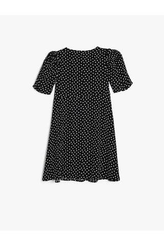 Koton Puantiyeli Elbise Balon Kollu Düğme Kapamalı Viskon Kumaş Siyah Desenli 5skg80029aw Siyah Desenli Siyah