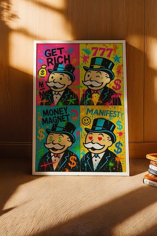 Mr. Monopoly Çerçeveli Tablo Get Rich Genç Girişimci Yatırımcı Ofisi Dekoru Street Art