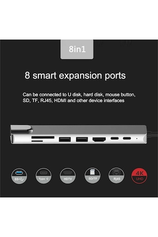 8 in 1 Type-C USB 3.0 Hub HDMI Ethernet Mikro SDTF OTG Adaptörü