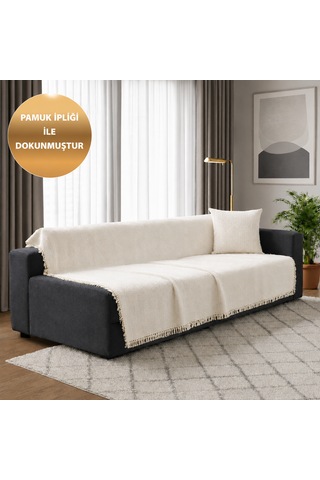 %100 Pamuk Kaymaz & Terletmez & Saçaklı & Yumuşak Koltuk Örtüsü-tek Ve Çift Kişilik Koltuklar İçin- 170 X 200 Cm Ekru