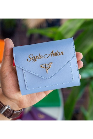 Bk Gift Kişiye Özel İsimli Vegan Deri Mini Bebe Mavisi Kadın Cüzdanı, Sevgiliye Hediye, Anneye Hediye, Arkadaşa Hediye MAvi