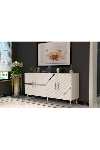 Pınar Konsol Tv Sehpası Çok Amaçlı Dolap 150 Cm Beyaz Gümüş