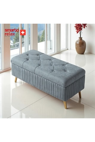 Smarto Relax Swiss Style Puf , Appenzell Kapitonesandıklı Puf, Babyface Kaplama, 100x40x45 Cm, Ahşap Ayaklı ,sandıklı Dekoratif Puf Gri