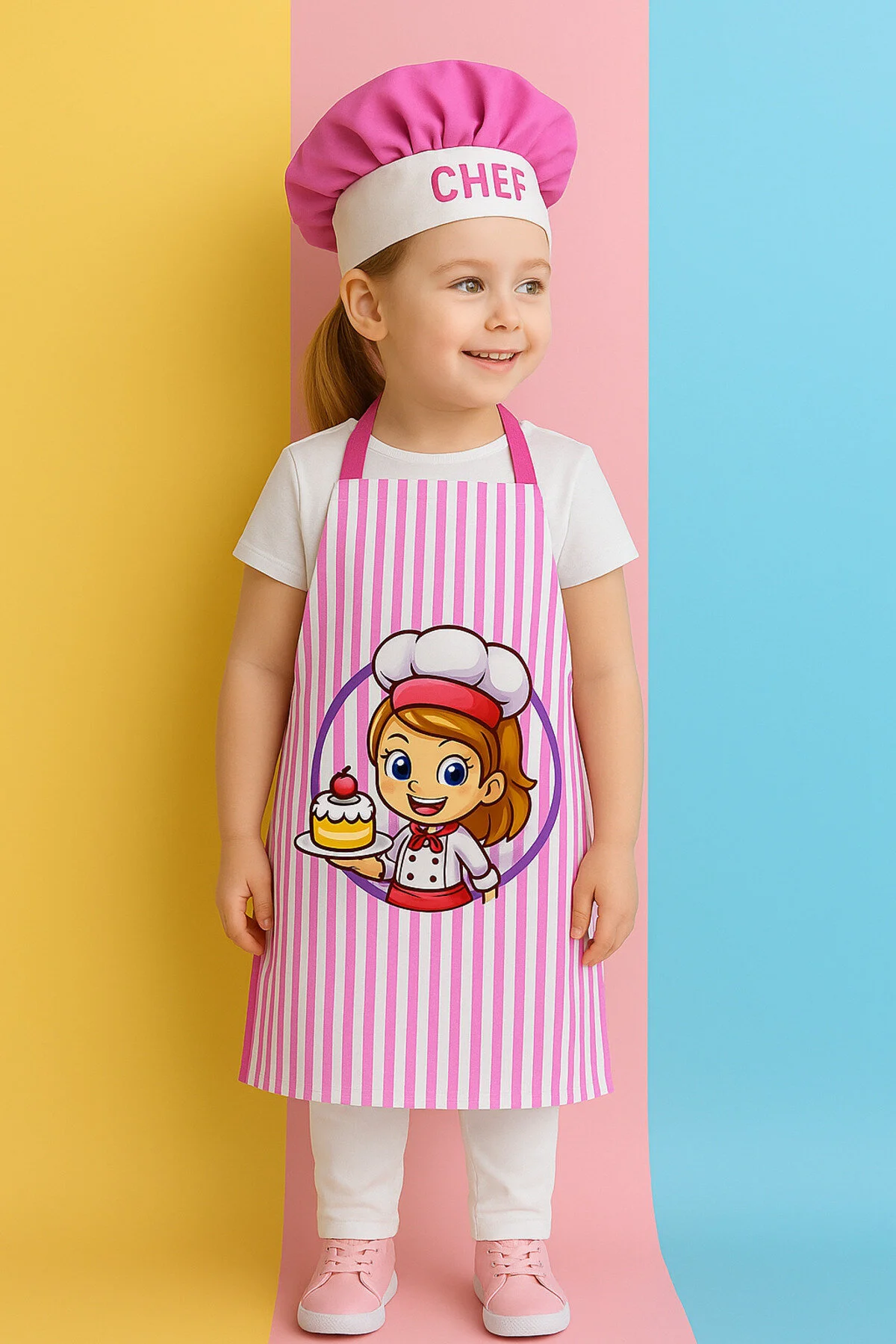 Ays Home Anaokulu Çocuk Pembe Çizgili Önlük Ve Şapka Seti Pembe