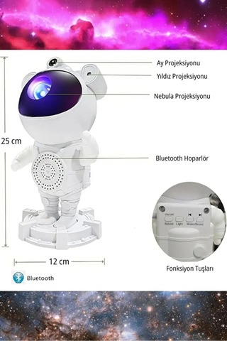 Astronot Bluetooth Hoparlör Bulutsusu Galax Yay Tavan Gökyüzü Projektör Zamanlayıcı Gece Lambası Belirtilmemis