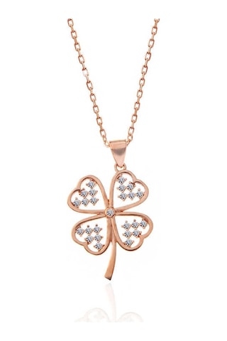 925 Ayar Gümüş Rose Kalpli Dört Yapraklı Yonca Kadın Kolye Gümüş