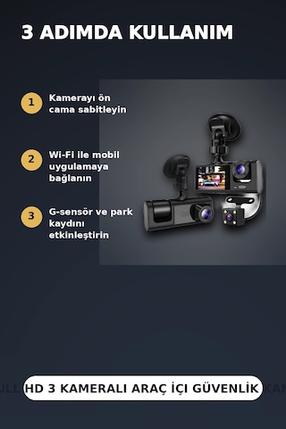 1080p Full Hd 3 Kameralı Wi-fi Araç İçi Yol Kayıt Kamerası Seti 170 Derece Park Modlu
