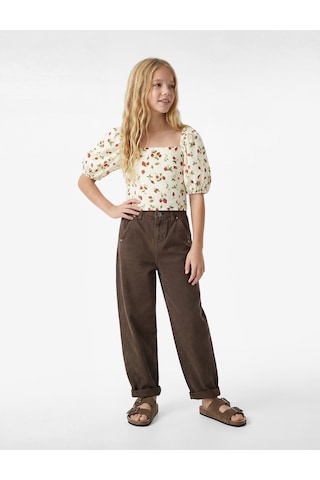 Koton Keten Viskon Karışımlı Gipeli Slim Fit Poplin Kare Yaka Crop Balon Kollu Çilek Desenli Bluz Kırmızı Desenli 6skg60004aw