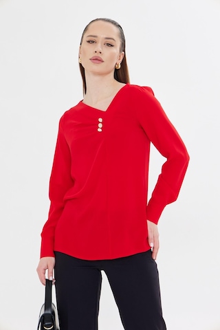 Yakası Pileli Ve Düğme Detaylı Gömlek Kırmızı Kırmızı