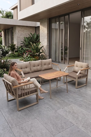 Lavin Serisi 1.sınıf 3+1+1 Bahçe Balkon Oturma Grubu Siyah Metal İskelet Gri Minderli Orta Sehpalı