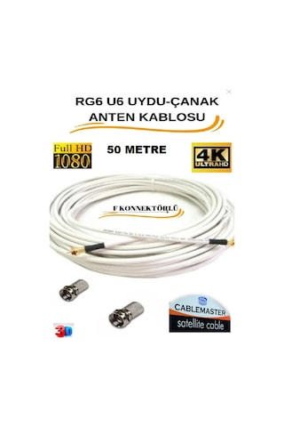 50 Metre Uydu Çanak Anten Kablosu Cm-101 48 Tel Rg6 U4 Bakır Alışımlı 2 Adet Connektör Dahil