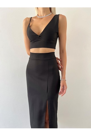 Hgfashion V Yaka Crop Yüksek Bel Yırtmaçlı Midi Etek Duarte Kadın Siyah İkili Takım Siyah