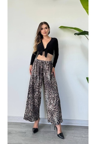 Modadua Leopar Desenli Bol Paça Pantolon Rahat Kesim, Akışkan Duruş Çok Renkli
