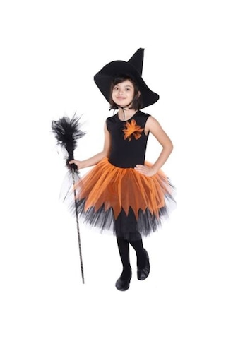 Masho Kids Siyah Şapkalı Süpürgeli Cadı Kostümü - Halloween Bayramı - Cadıla
