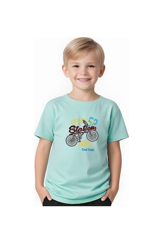 Fyk Kids Erkek Çocuk Yuvarlak Yaka Bisiklet 52 Erkek Baskılı T-shirt Mint Yeşil