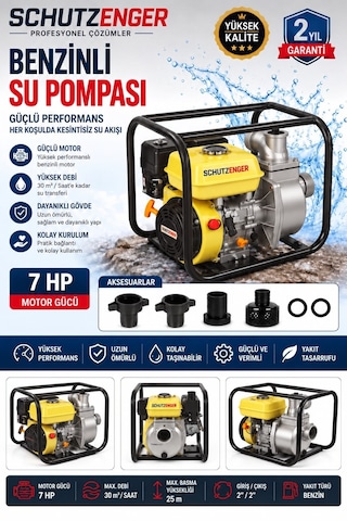 7 Hp 2 Inç Çıkışlı Benzinli Su Pompası 200 Mt Yatay Su Basar 4 Zamanlı Motor Turbo Güç Sarı