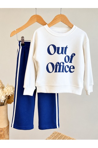 Elzo Collection Erkek Çocuk Üst Out Of Office Baskılı Alt Çizgili 3 İplik Kumaş Alt Üst Eşofman Takım Ekru - Lacivert