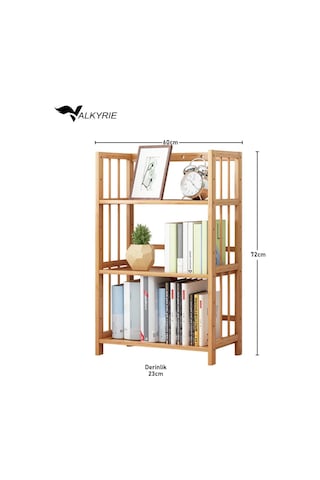 Valkyrie 3 Katlı Bambu Kitaplık 60x23x72 Cm Doğal Ahşap Görünümlü Çok Amaçlı Dekoratif Raf