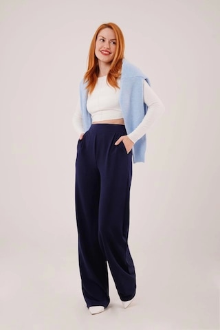 Defymoda Yüksek Bel Bol Paça Krep Lacivert Pantolon Lacivert