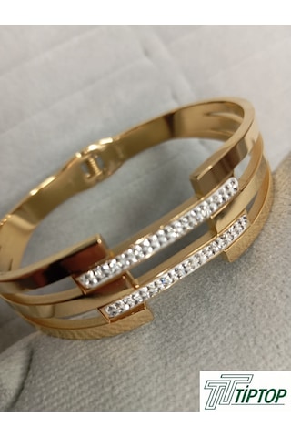 Üç Sıra Zirkon Taşlı Kelepçe Bileklik Gold