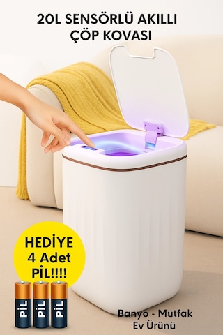20l Sensörlü Akıllı Çöp Kovası Otomatik Kapaklı, Banyo Mutfak 4 Pil Yanında Çok Renkli