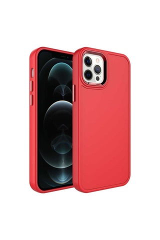Apple Uyumlu iPhone 12 Pro Max Kılıf Metal Çerçeve Ve Buton Tasarımlı Sert Zore Botox Kapak Kırmızı