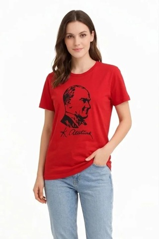 Modi Atatürk Baskılı Tişört Kısa Kollu Bisiklet Yaka T-shirt - Kırmızı Açık Kırmızı