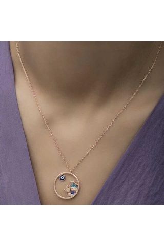 925 Ayar Gümüş Rose Altın Kaplama Kaplama Kaplama Nazarlı El Ve Ayak İzi Bayan Kolye Rose Gold