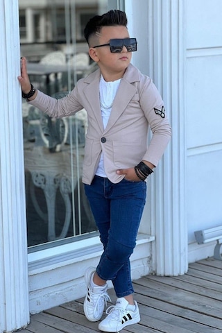 Riccotarz Erkek Çocuk Armalı Blazer Ceket Ve Uzun Kollu Düğmeli Tişört Krem Alt Üst Takım 001