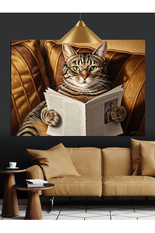Kitap Okuyan Gözlüklü Kedi Dekoratif Kanvas - Mdf Ahşap Tablo
