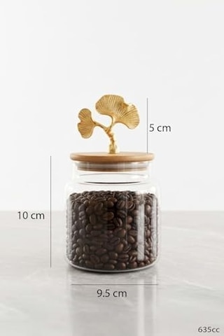Altın Ginkgo Figürlü 3 Lü Cam Kavanoz Seti Bambu Kapaklı 635 Cc Saklama Kabı Ahşap