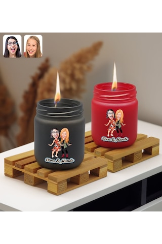 Bk Gift Kişiye Özel Dtf Karikatürlü 2 Li Siyah Ve Kırmızı Renkli Cam Kavanozda Kokulu Mum-2, Arkadaşa Hediye, Sevgiliye Hediye