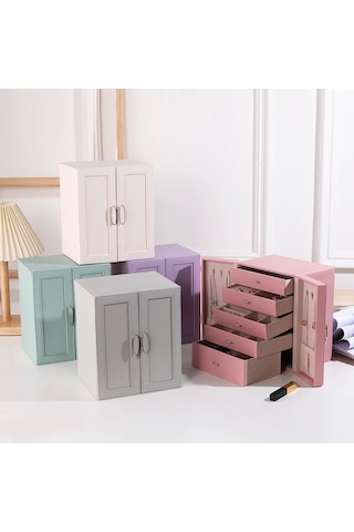 Dışı Deri İçi Kadife 5 Çekmeceli Takı Bijuteri Mücevher Kutusu Organizer Düzenleyici Pembe İthal Ürü Pembe