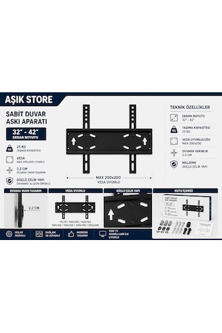 Sabit Tv Askı Aparatı 32-42 İnç Universal Tv Duvar Askısı Vesa 200x200 25 Kg Lcd Led Oled Qled Metal Gövde