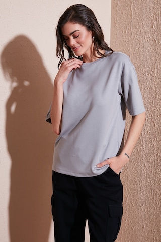 Lela Streç Oversize Fit Bisiklet Yaka Bayan T Shirt 5865911 Gri