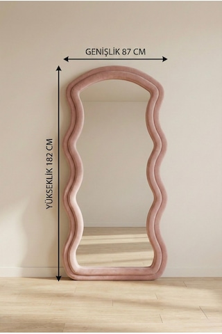 Ayaklı Kumaşlı Boy Aynası - Modern Dalgalı Tasarım Büyük Boy Ayna 182x87 Cm Pembe